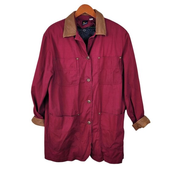 Vintage Barn Jacket Chore Coat Medium Red Leather Trim Removable Liner Warm - Picture 1 of 11